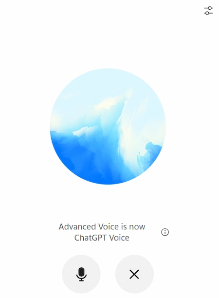 ChatGPT Voiceの通話中画面(中央に青いオーブ)