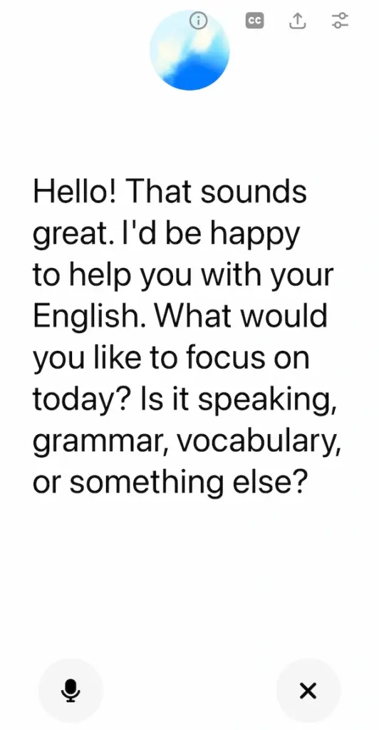 ChatGPTスマホアプリのトーク画面(字幕ONで英会話中)